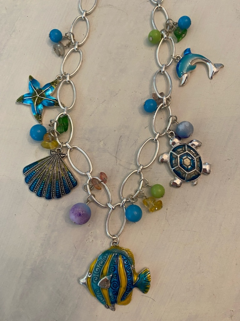Sea Life Charm Necklace - Blue & Green Enamel Beach Necklace